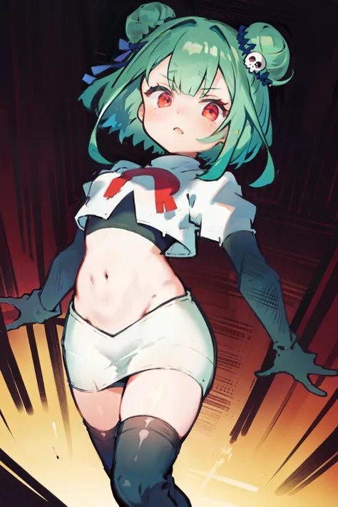 bluerushia, green hair, double bun, red eyes, short hair, blue bow, skull hair ornament, team rocket,team rocket uniform, red le...