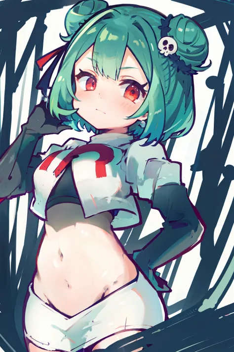 bluerushia, green hair, double bun, red eyes, short hair, blue bow, skull hair ornament, team rocket,team rocket uniform, red le...