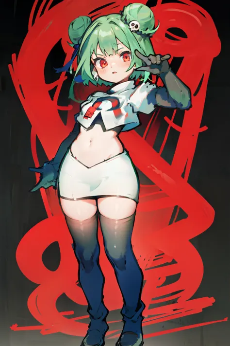 bluerushia, green hair, double bun, red eyes, short hair, blue bow, skull hair ornament, team rocket,team rocket uniform, red le...