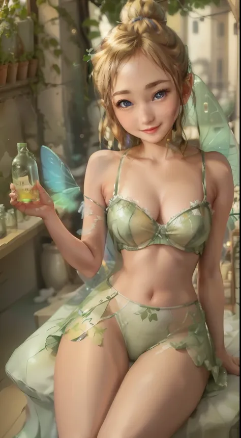 (Tinker Wife:1), smile, cute, cute pose, looking at the viewer, thick thighs, single hair bun hair, short hair, (Strapless Green Dress:1), (fairy wings), sitting, (chest focus:1.2), From above, 
(realistic:1.2), (realism), (masterpiece:1.2), (highest quali...