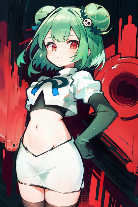 bluerushia, green hair, double bun, red eyes, short hair, blue bow, skull hair ornament, team rocket,team rocket uniform, red le...