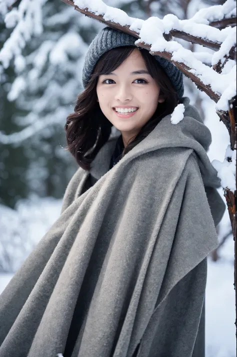 slender japanese woman looking at the camera、cute face、smile、snow in the background、high resolution、high-definition images