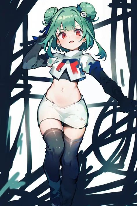 bluerushia, green hair, double bun, red eyes, short hair, blue bow, skull hair ornament, team rocket,team rocket uniform, red letter R, white skirt,white crop top,black thigh-highs, black elbow gloves,