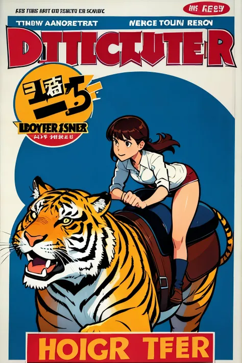 comic cover, 1 girl, detective, riding a tiger