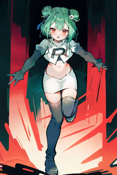 bluerushia, green hair, double bun, red eyes, short hair, blue bow, skull hair ornament, team rocket,team rocket uniform, red le...