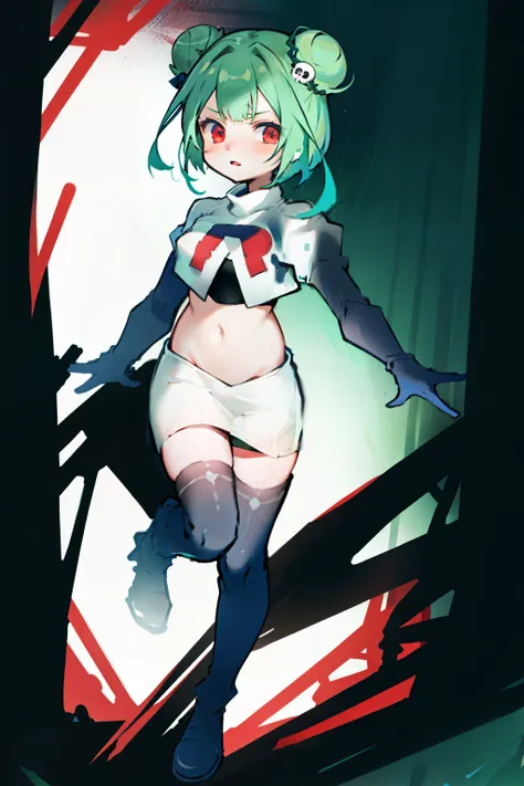 bluerushia, green hair, double bun, red eyes, short hair, blue bow, skull hair ornament, team rocket,team rocket uniform, red letter R, white skirt,white crop top,black thigh-highs, black elbow gloves,