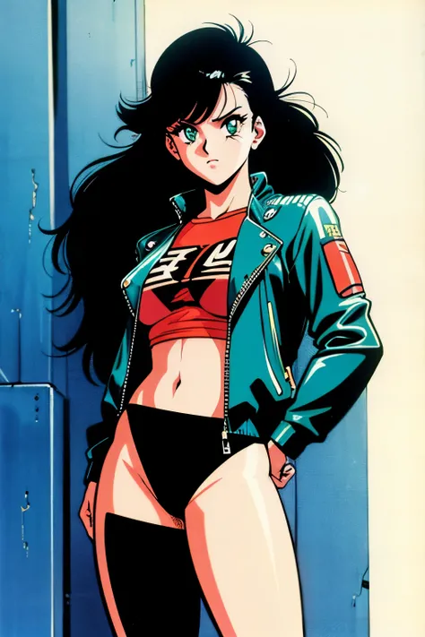 1990s (style), 1980s (style), retro artstyle, a girl, long black hair, green eyes, wavy hair, biker clothes,  cyberpunk, 2077, best quality, masterpiece.