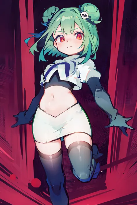 bluerushia, green hair, double bun, red eyes, short hair, blue bow, skull hair ornament, team rocket,team rocket uniform, red le...