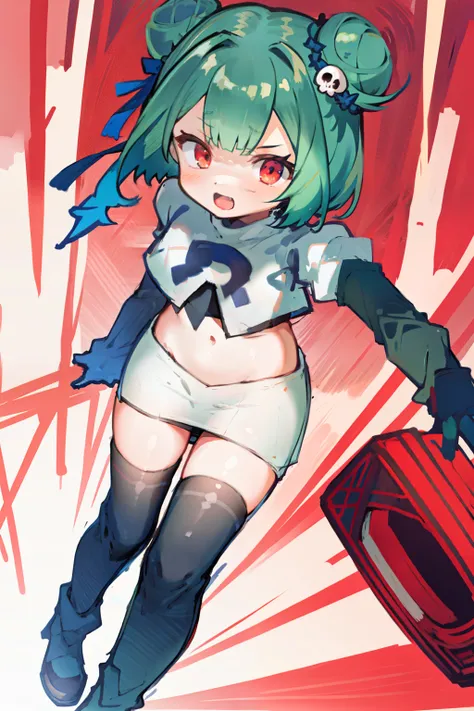 bluerushia, green hair, double bun, red eyes, short hair, blue bow, skull hair ornament, team rocket,team rocket uniform, red le...