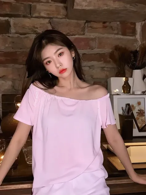 ((night view, realistic light, best quality, 8 thousand, masterpiece: 1.3)), Korean woman, Pretty woman with slender figure: 1.4, (brown hair: 1.3), Off-the-shoulder cut top: 1.3, very detailed face, detailed eyes, double eyelid