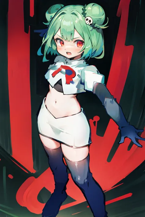 bluerushia, green hair, double bun, red eyes, short hair, blue bow, skull hair ornament, team rocket,team rocket uniform, red le...