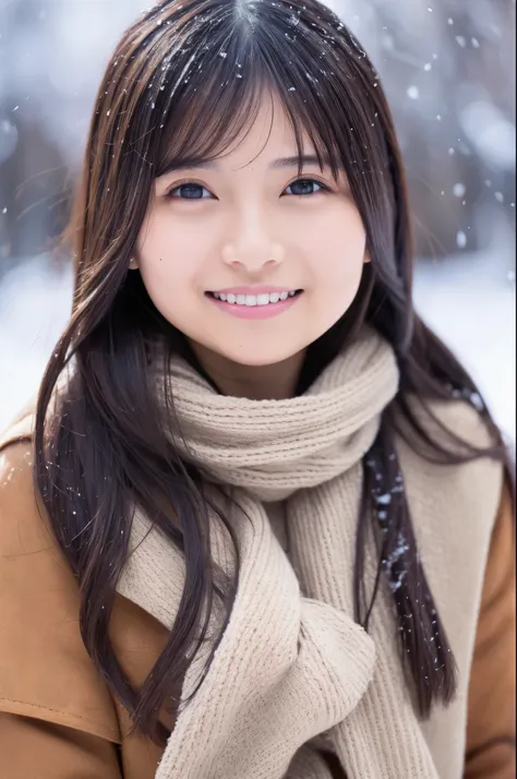 slender japanese woman looking at the camera、cute face、smile、snow in the background、high resolution、high-definition images