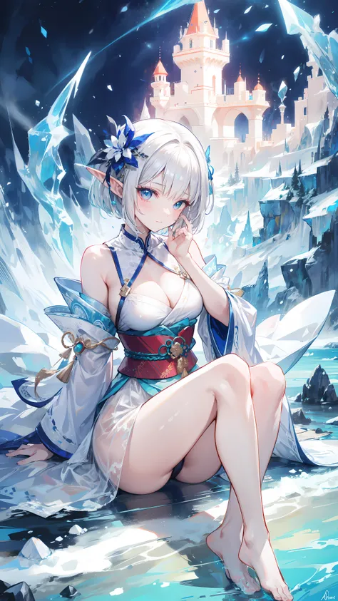 ((masterpiece )), (top quality), (best quality), ((ultra-detailed, 8k quality)), Aesthetics, Cinematic lighting, (detailed line art), Beautiful digital artwork, Exquisite digital illustration，painting, 
BREAK,
Painting of a elf girl with white hair sitting...