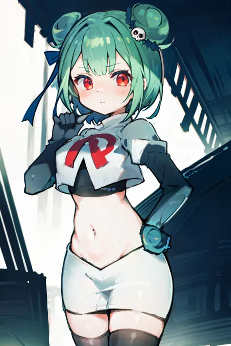 bluerushia, green hair, double bun, red eyes, short hair, blue bow, skull hair ornament, team rocket,team rocket uniform, red le...