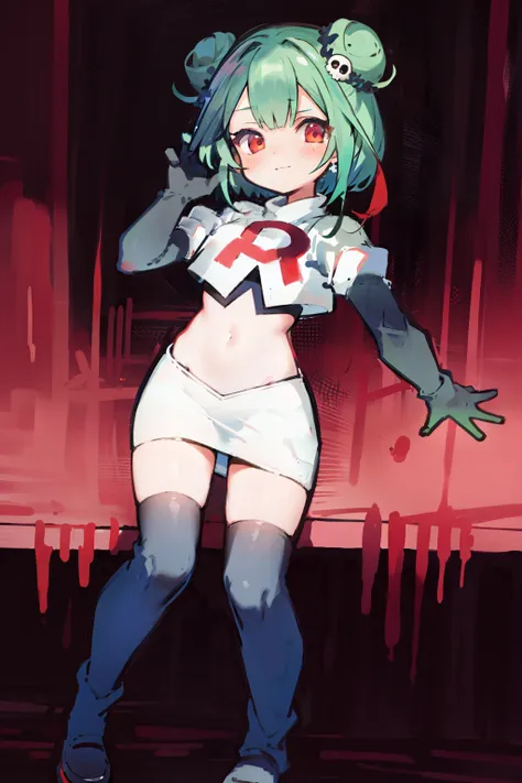 bluerushia, green hair, double bun, red eyes, short hair, blue bow, skull hair ornament, team rocket,team rocket uniform, red le...