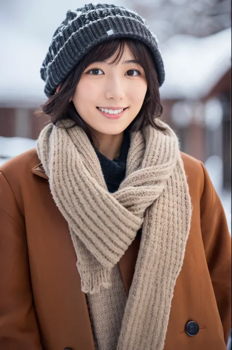 slender japanese woman looking at the camera、cute face、smile、snow in the background、high resolution、high-definition images