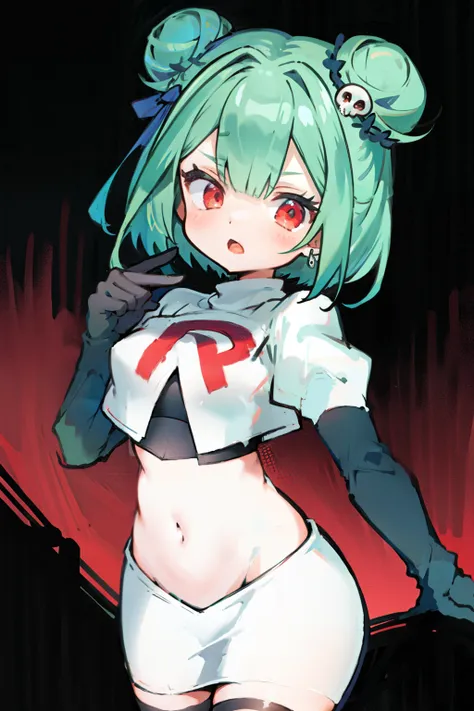 bluerushia, green hair, double bun, red eyes, short hair, blue bow, skull hair ornament, team rocket,team rocket uniform, red le...