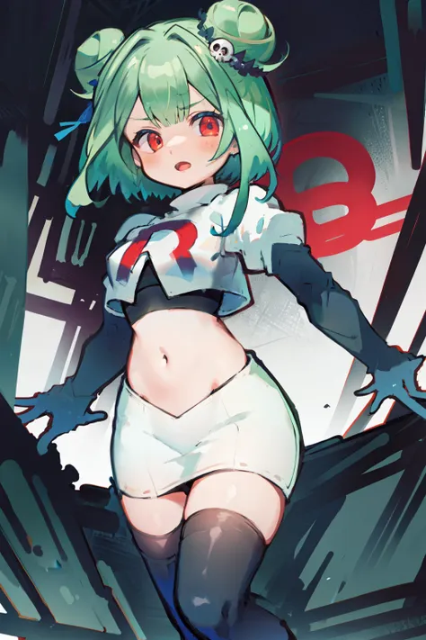 bluerushia, green hair, double bun, red eyes, short hair, blue bow, skull hair ornament, team rocket,team rocket uniform, red le...