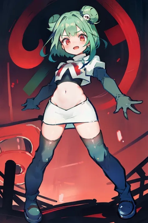 bluerushia, green hair, double bun, red eyes, short hair, blue bow, skull hair ornament, team rocket,team rocket uniform, red le...