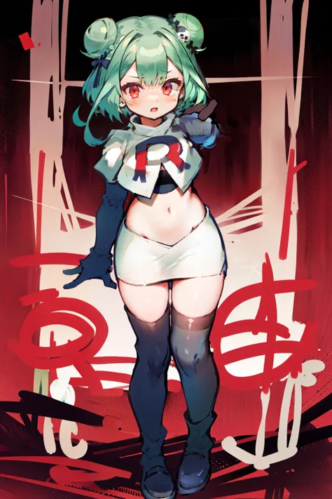 bluerushia, green hair, double bun, red eyes, short hair, blue bow, skull hair ornament, team rocket,team rocket uniform, red letter R, white skirt,white crop top,black thigh-highs, black elbow gloves,