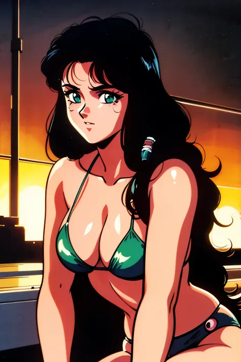 1990s (style), 1980s (style), retro artstyle, a girl, long black hair, green eyes, wavy hair, bikini,  cyberpunk, 2077, best quality, masterpiece.