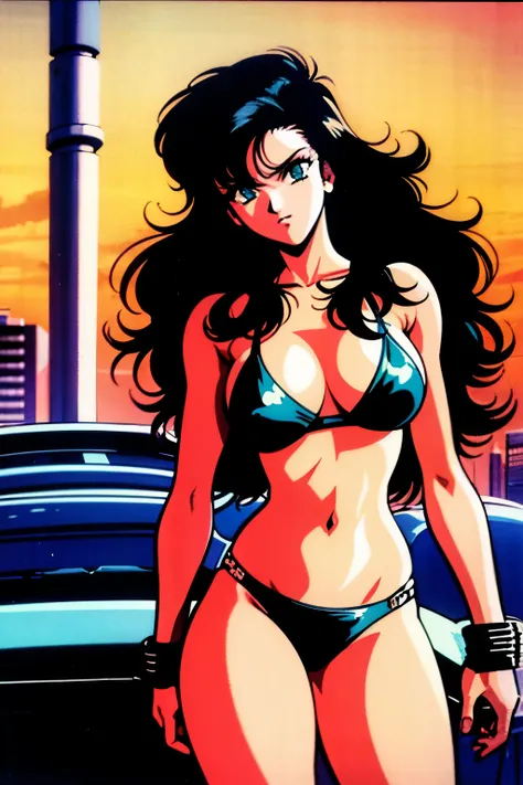 1990s (style), 1980s (style), retro artstyle, a girl, long black hair, green eyes, wavy hair, bikini,  cyberpunk, 2077, best quality, masterpiece.