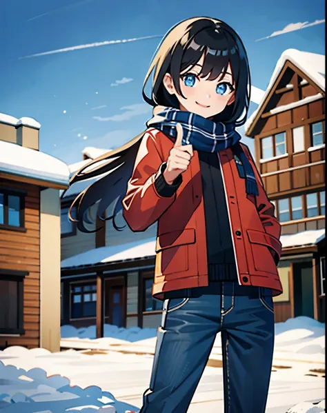 young girl, black hair, blue eyes, shining blue eyes, wearing plaid yellow scarf, red jacket,  black pants, looking at viewer, smiling, thumbs up pose, in the snow, rural city, canada, snowed place,
