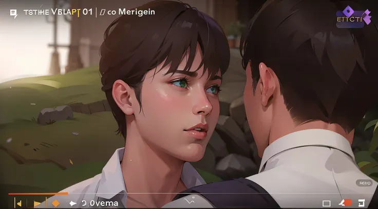 esta gritando tiene rostro furioso ojos de color verde mirada seria agresiva pensativa