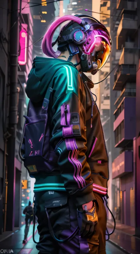 (obra de arte, Tiro de corpo inteiro, intricado raw photography) cyberpunk citizen, Large and comfortable dark purple hoodie, Black cargo pants with neon details, roupas pretas com detalhes em neon, Escuro, wearing a neon lilac black Hitech Astronaut style...