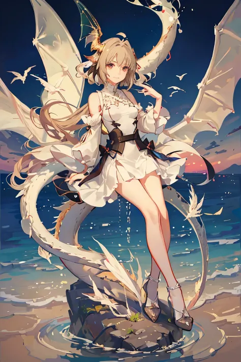 (Sheer and revealing white fluffy outfit:1.3, ),(Angel with glass wings floating on lake:1.3), (Glass Dragon Behind:1.3),Glossy light brown and orange striped shorthair,cute smile,perfect round face,A cheerful smile that makes everyone happy,Proper body pr...