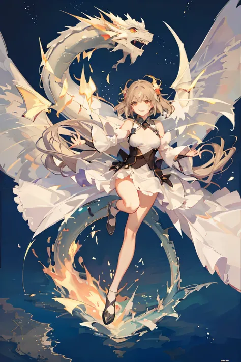 (Sheer and revealing white fluffy outfit:1.3, ),(Angel with glass wings floating on lake:1.3), (Glass Dragon Behind:1.3),Glossy light brown and orange striped shorthair,cute smile,perfect round face,A cheerful smile that makes everyone happy,Proper body pr...