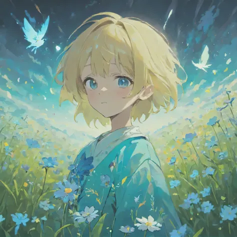 (best quality, high resolution, super detailed, cinematic), Solitary, 1 boy, charming, happiness, Boy standing in light blue flower field, Surrounded by light blue petals, whole body, Blue-haired boy, watercolor, pastel colors, Nebula in the sky, blue tree...