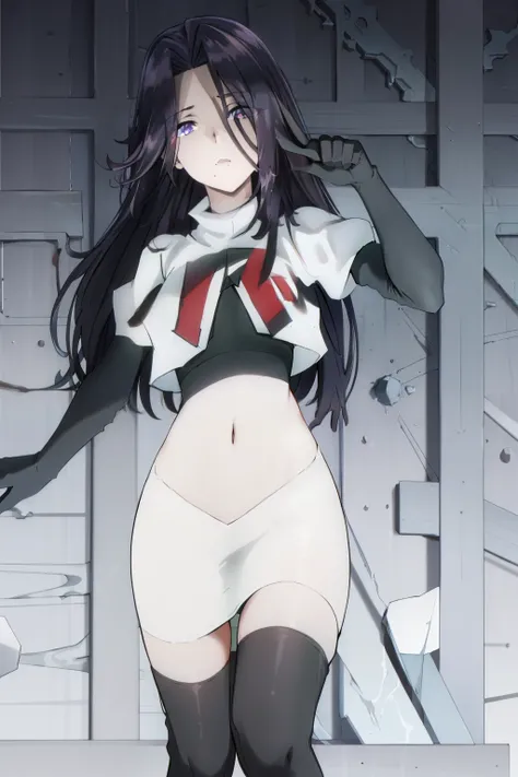 ((masterpiece, high quality, best quality, highres)):1.2, looking at viewer, 
team rocket,team rocket uniform, red letter R, white skirt,white crop top,black thigh-highs, black elbow gloves,  