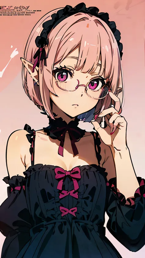 ((megami magazine:1.5)))　(((milky pink short bob hair:1.2、thick red glasses with small frames:1、[elf ears:0.7]、magenta eyes:1.2)...