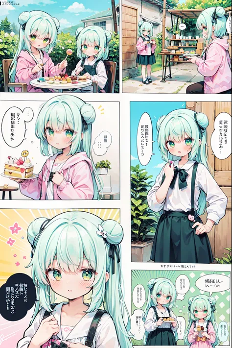 1 girl, ((comic strip))、(Multiple texts)、(speech bubble)、Calm pastel colors (color palette is yellow:1.2, green:1.2, pink:1.2), (green hair bun and blonde), short fashion skirt, Sit on a throne made of sweets and pastries, for example, donut, Sprinkle, can...