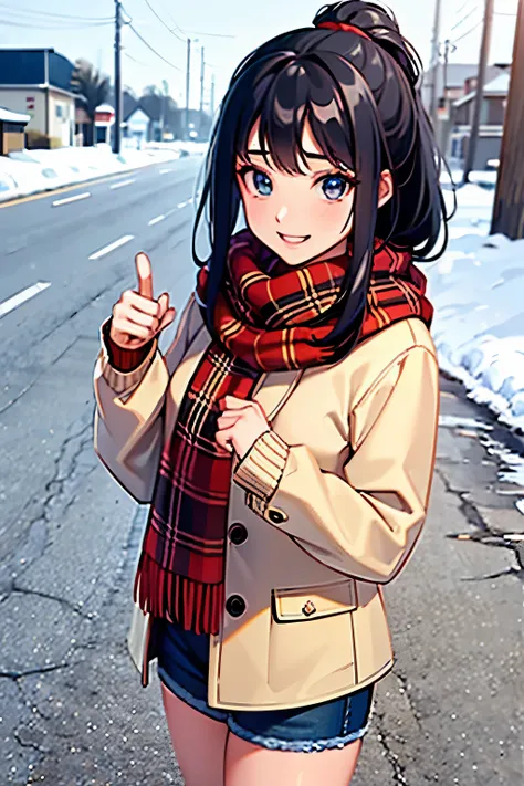 young girl, black hair long hair, blue eyes, shining blue eyes, wearing plaid yellow scarf, red jacket, black pants, looking at viewer, smiling, canada, rural city,  thumbs up pose, in the snow, rural city, canada, snowed place,
