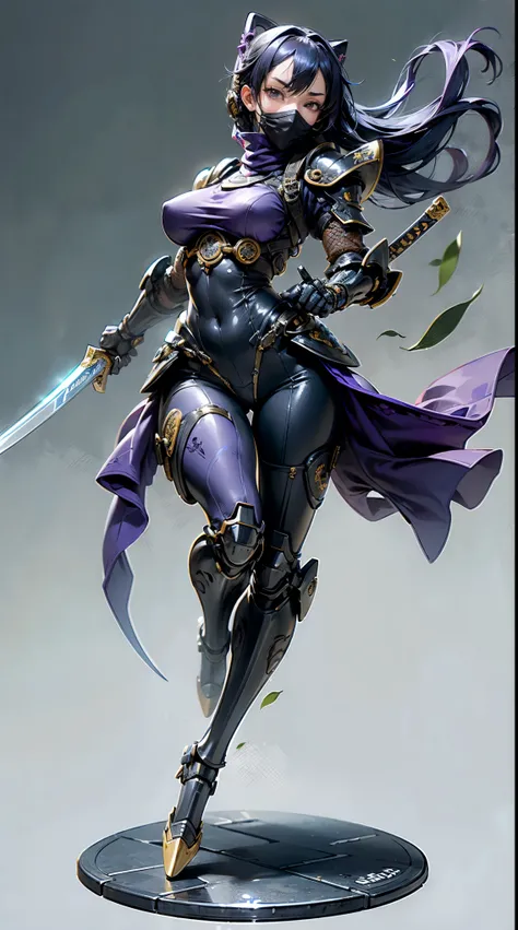 1girl,(masterpiece,Super detailed,table top, heavy mechanism, hard surface),(concept art:1.1),(Taimanin Asagi style:0.8), A woman wearing ninja robot armor tying a seal,(full armor:1.4),(tactical ninja mask:1.5),(Purple body:1.1),(long legs:1.1),(Equipped ...