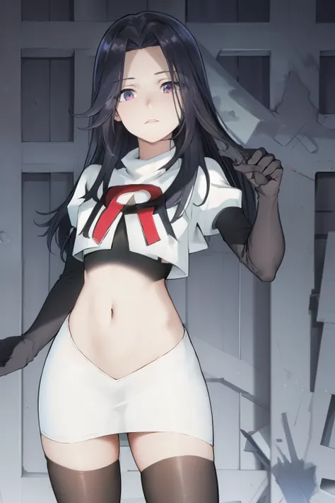 ((masterpiece, high quality, best quality, highres)):1.2, looking at viewer, cowboy shot,
team rocket,team rocket uniform, red letter R, white skirt,white crop top,black thigh-highs, black elbow gloves,  