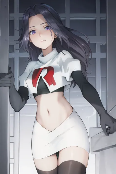 ((masterpiece, high quality, best quality, highres)):1.2, looking at viewer, cowboy shot,
team rocket,team rocket uniform, red letter R, white skirt,white crop top,black thigh-highs, black elbow gloves,  