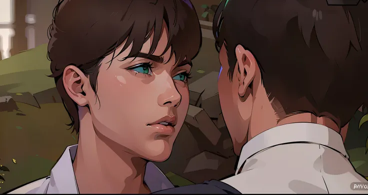 esta gritando tiene rostro furioso ojos de color verde mirada seria agresiva pensativa