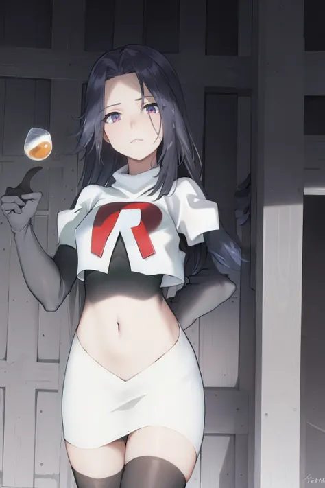 ((masterpiece, high quality, best quality, highres)):1.2, looking at viewer, cowboy shot,
team rocket,team rocket uniform, red letter R, white skirt,white crop top,black thigh-highs, black elbow gloves,  