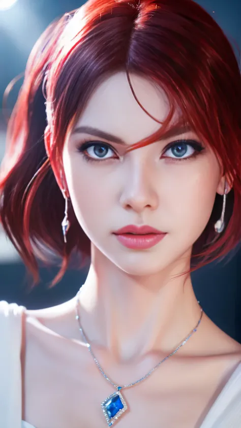 1 girl, red hair, blue eyes, white skin, makeup, earrings, necklace, blushing, half-open mouth, sexy look, excellent body, looking at the camera, close-up of the face, (excellent quality), (raytracing), ( 4K), (photorealism)