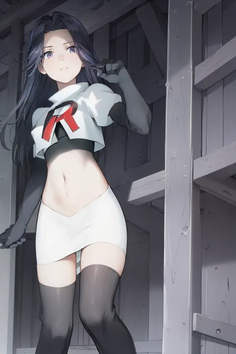 ((masterpiece, high quality, best quality, highres)):1.2, looking at viewer, cowboy shot,
team rocket,team rocket uniform, red letter R, white skirt,white crop top,black thigh-highs, black elbow gloves,  