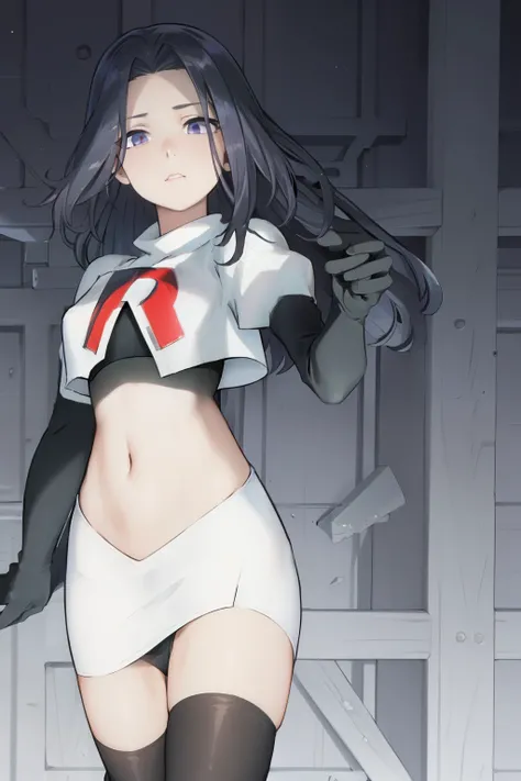 ((masterpiece, high quality, best quality, highres)):1.2, looking at viewer, cowboy shot,
team rocket,team rocket uniform, red letter R, white skirt,white crop top,black thigh-highs, black elbow gloves,  