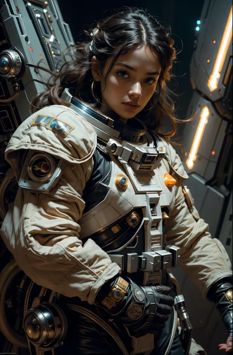 Stunning female in space suit, sci-fi, extremely beautiful piercing eyes, cinematic scene, hero view, action pose, scenery, detailed background, masterpiece, best quality, high quality, intricate, absurdres, very detailed, extremely high resolution, 8k, vi...