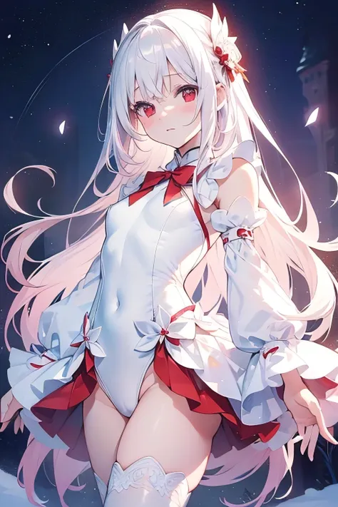 beautiful illustrations、highest quality、cute petite girl、(conversion sequence)、Magical girl、((white leotard))、High leg、a bit、白いMagical girl、fractal art、albino、baby face、long snow-white and red mesh hair,,,,,,,,、beautiful detailed red eyes、cinematic lightin...