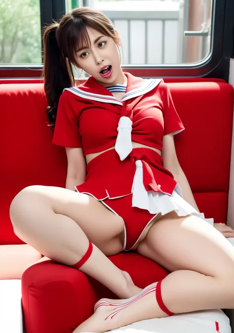 Raw photo、At 32K、8K、Sexy Japanese idol wearing a green sailor suit、((open your mouth、eyes half closed)), Panties that dig into the crotch、Spread your legs in an M-shape、Esbian spreads and stretches Regulus..&#39; body..、choker、brown hair twintails