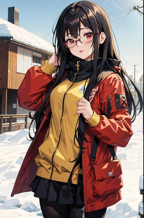 anime girl in red jacket standing in the snow with backpack, estilo de arte anime moe, visual de anime de uma linda garota, Linda garota de anime, fanart de marin kitagawa, estilo anime 4 k, estilo de arte de anime de alta qualidade, anime digital illustra...