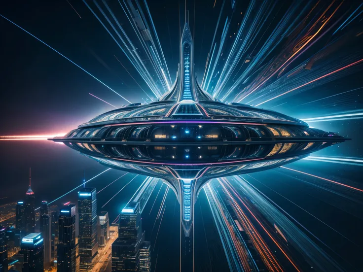 Generate a dynamic digital art piece depicting a breathtaking science fiction scene featuring intricate fractal patterns. A massive starship made of sleek metal and glass hovers above a futuristic cityscape, its hull pulsating with energy as it prepares to...