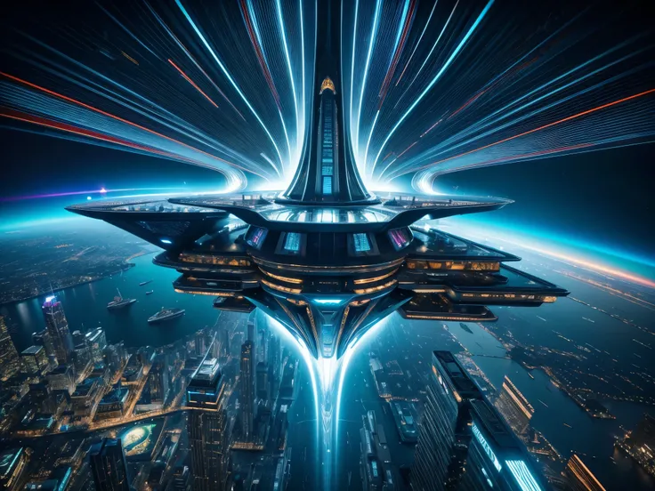 Generate a dynamic digital art piece depicting a breathtaking science fiction scene featuring intricate fractal patterns. A massive starship made of sleek metal and glass hovers above a futuristic cityscape, its hull pulsating with energy as it prepares to...